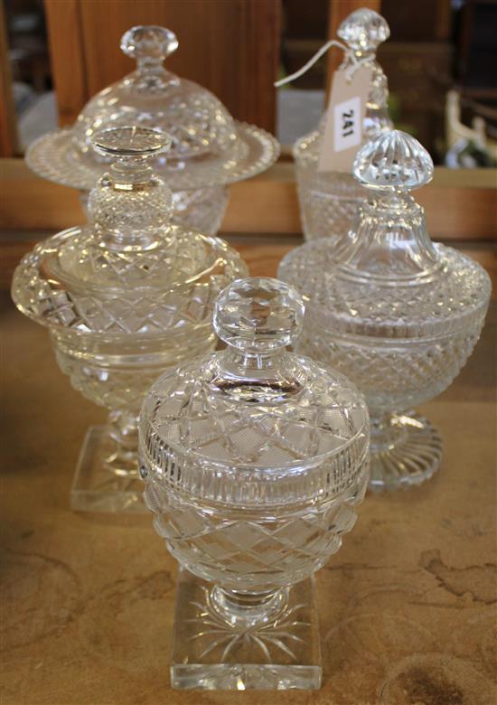Five 19th century cut glass sweetmeat vases and covers
